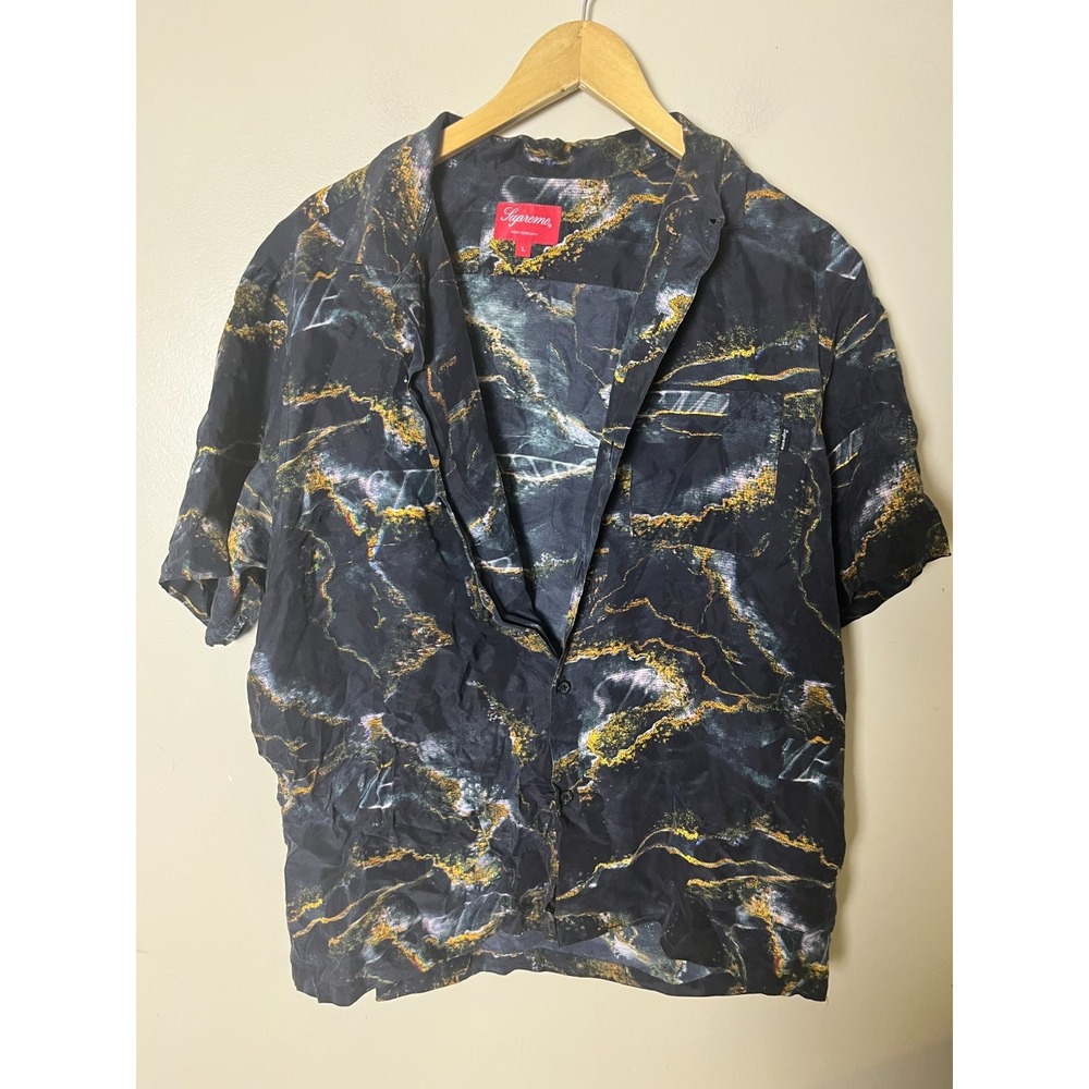 Supreme Silk Button Down Shirt Mens L Multicolor Abstract Navy Blue
